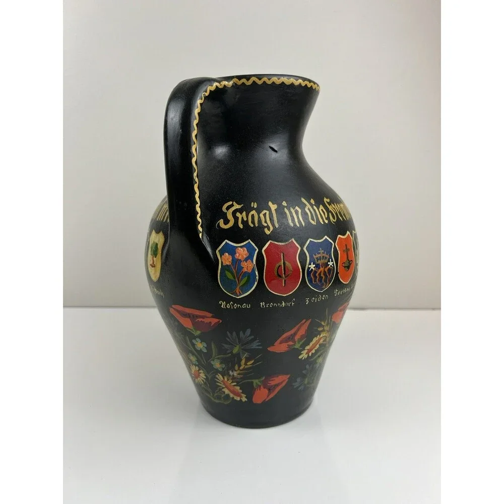 Vintage Double Handled Black Pottery Vase Made In Germany Handpainted Vase